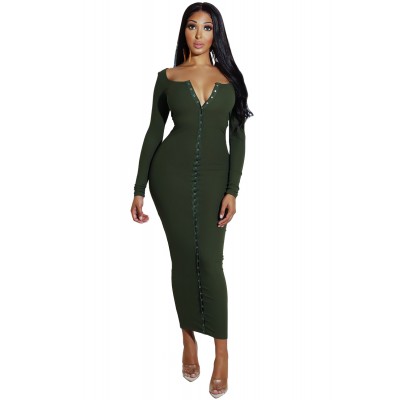 Green Long Sleeve Snap Button Ribbed Dress